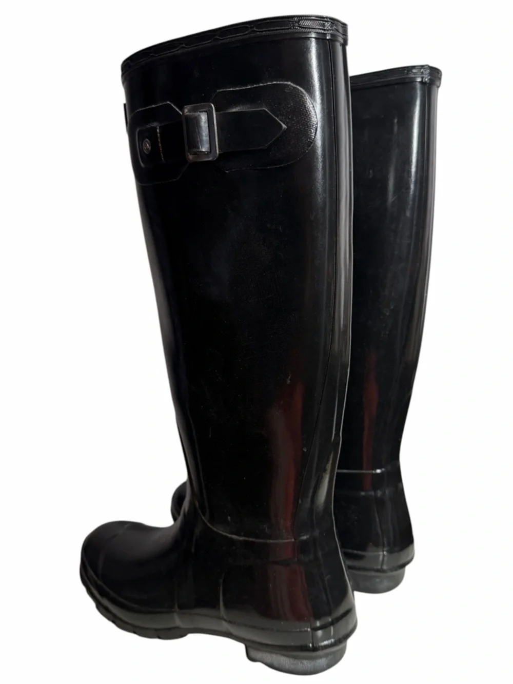 Hunter Gloss Black Knee-High Rain Boots with Side Buckle - Women’s Size 6